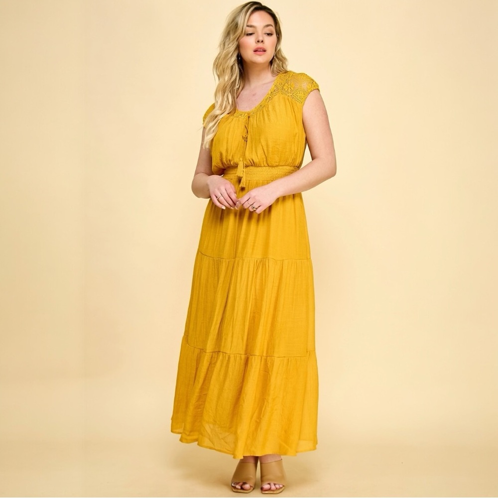 NEW Plus Size Lace Smocked Waist Tier Maxi in Yellow 3X